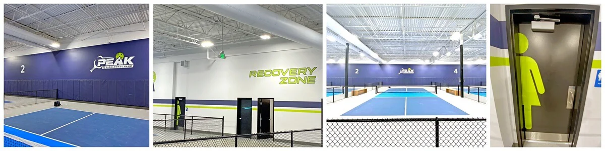 A collage of the blue interior floor and wall graphics on the pickleball courts, the "Recovery Zone" wall graphic, and the restroom door graphic.